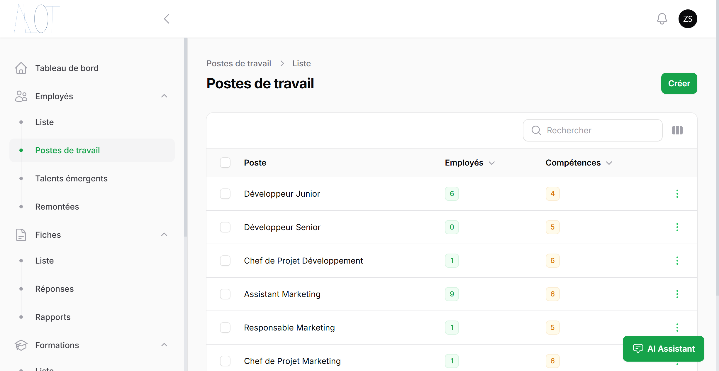  Capture d'écran de la fonctionnalité de liste des postes de travail.